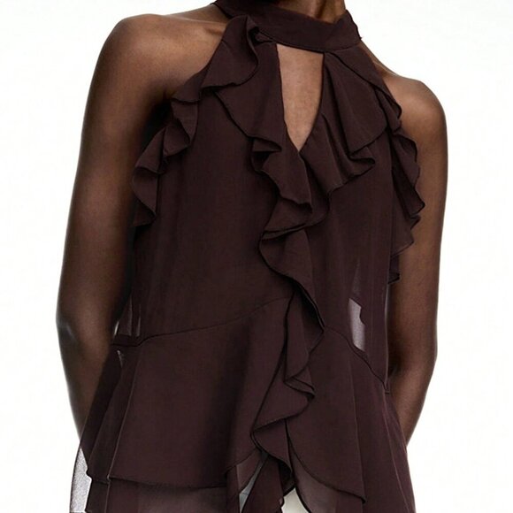 Coffee Brown Casual Women's Ruffle Chiffon Halter Top With Tie – Boho Style - Picture 5 of 7